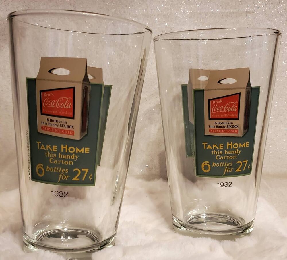 Coca-Cola Coke Set of 2 Glass Retro 1932 Take Home this Handy Carton Print 16oz